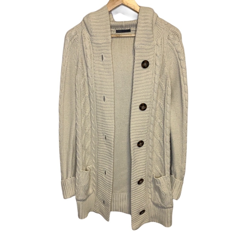 Suzy Shier Cable Knit Hooded Open Khaki Cardigan